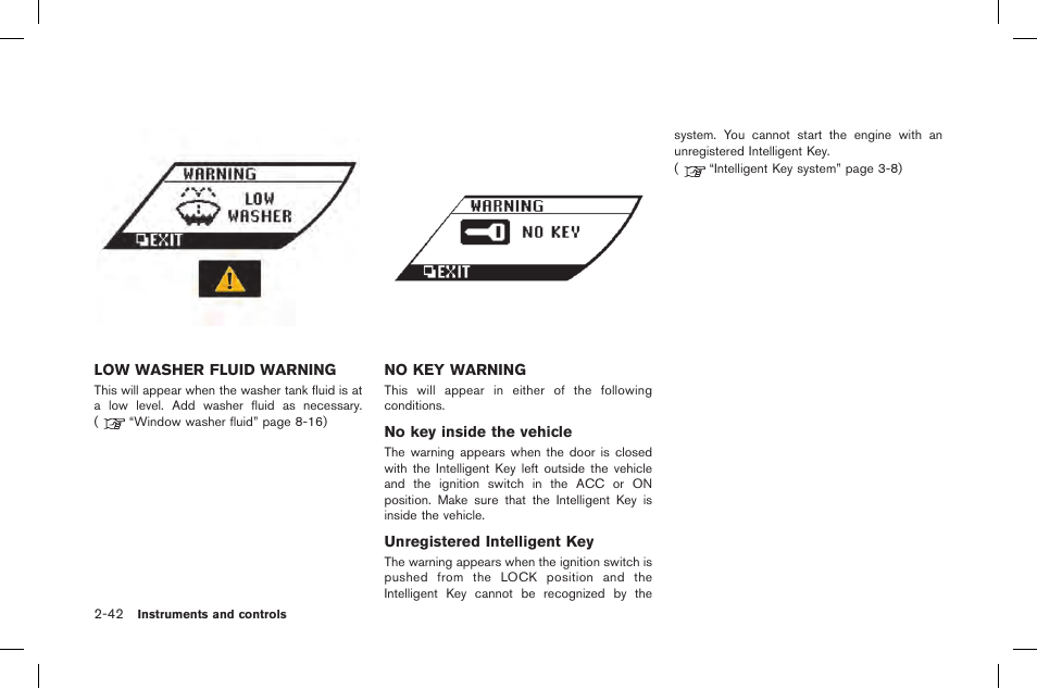 Low washer fluid warning -42 no key warning -42 | NISSAN 2015 GT R - Owner's Manual User Manual | Page 139 / 358
