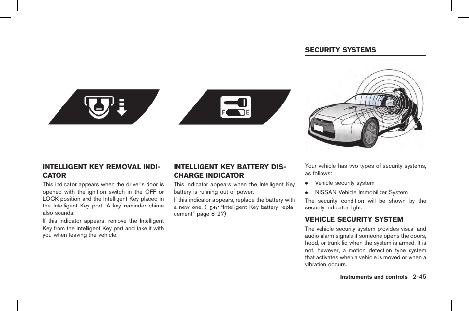 Security systems -45, Vehicle security system -45 | NISSAN 2015 GT R - Owner's Manual User Manual | Page 142 / 358