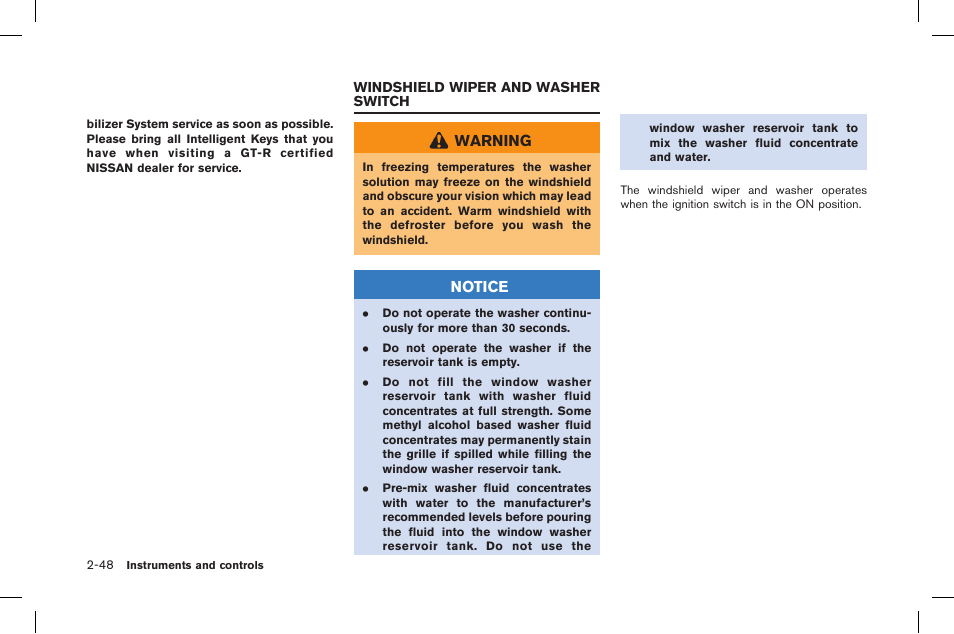 Windshield wiper and washer switch -48 | NISSAN 2015 GT R - Owner's Manual User Manual | Page 145 / 358