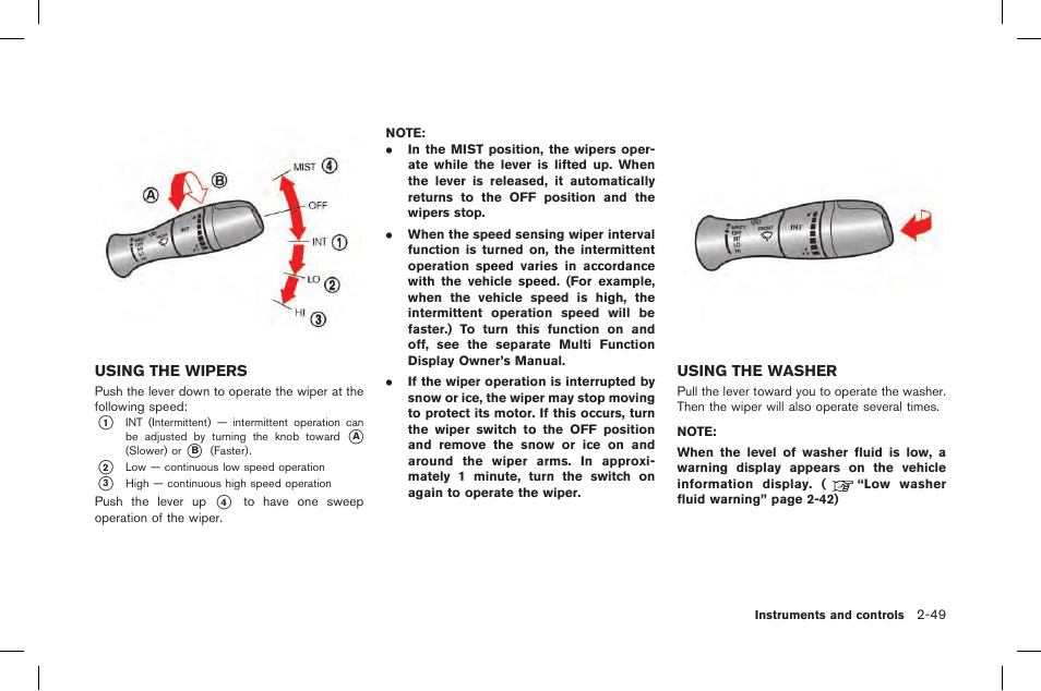 Using the wipers -49 using the washer -49 | NISSAN 2015 GT R - Owner's Manual User Manual | Page 146 / 358