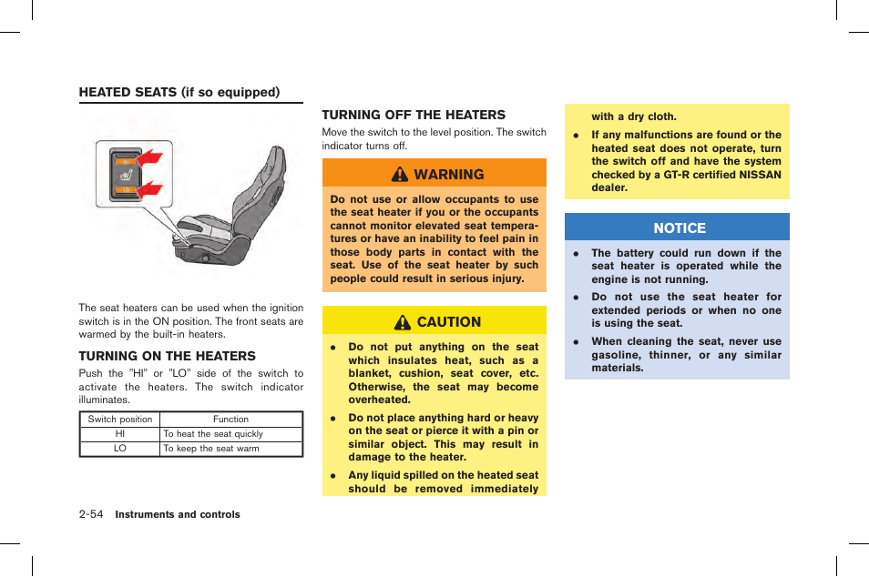 Heated seats (if so equipped) -54, Warning, Caution | Notice | NISSAN 2015 GT R - Owner's Manual User Manual | Page 151 / 358