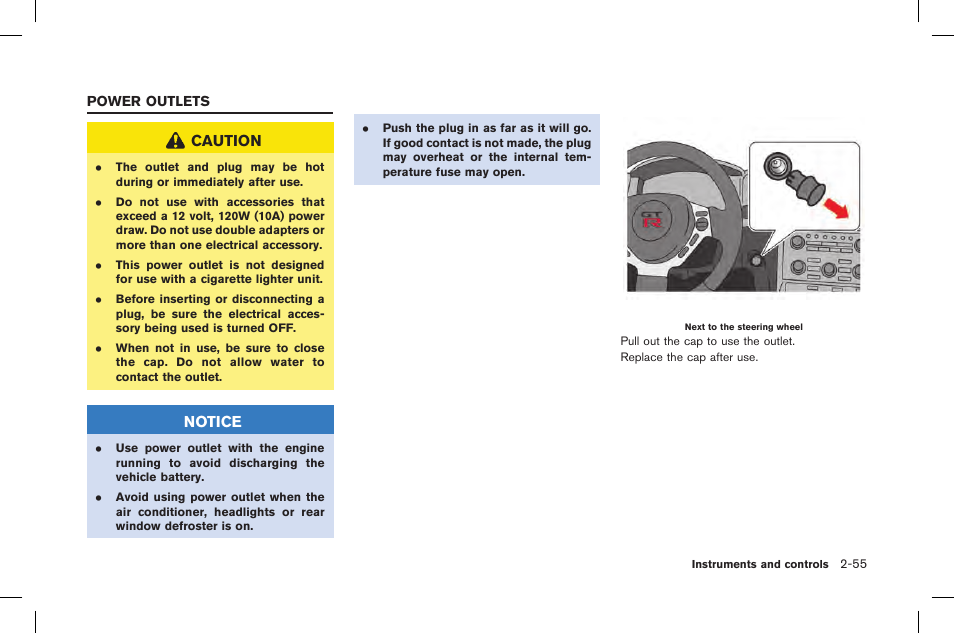 Power outlets -55, Caution, Notice | NISSAN 2015 GT R - Owner's Manual User Manual | Page 152 / 358