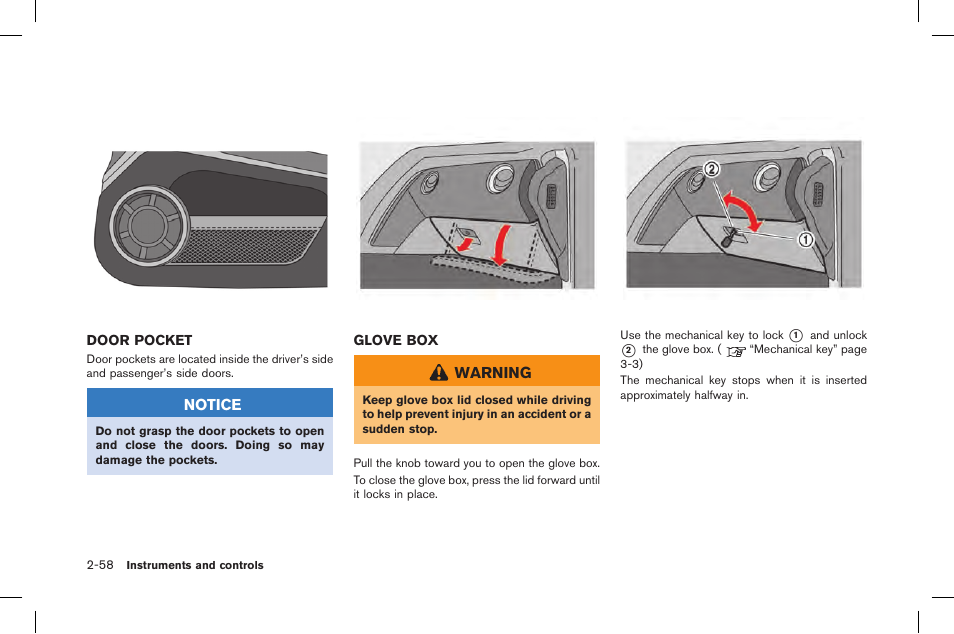 Door pocket -58 glove box -58 | NISSAN 2015 GT R - Owner's Manual User Manual | Page 155 / 358