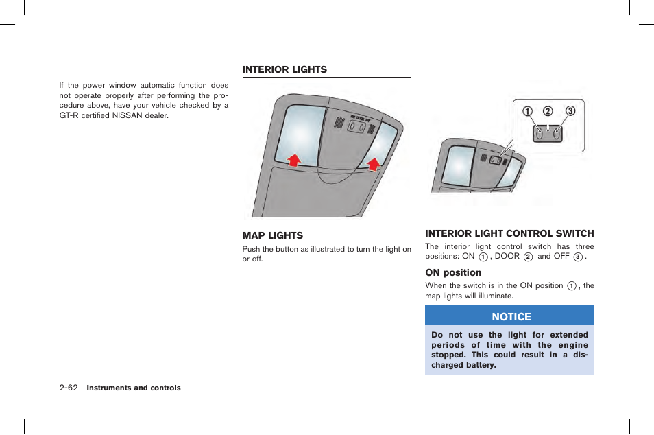 Interior lights -62, Map lights -62 interior light control switch -62 | NISSAN 2015 GT R - Owner's Manual User Manual | Page 159 / 358