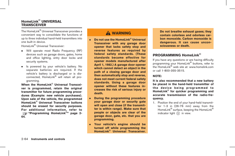Homelink, Universal transceiver -64, Programming homelink | Warning, Universal transceiver | NISSAN 2015 GT R - Owner's Manual User Manual | Page 161 / 358