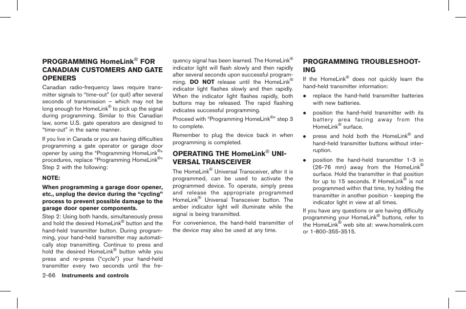 Programming homelink, For canadian customers, And gate openers -66 operating the homelink | Universal transceiver -66, Programming troubleshooting -66, For canadian customers and gate openers, Operating the homelink, Uni- versal transceiver, Programming troubleshoot- ing | NISSAN 2015 GT R - Owner's Manual User Manual | Page 163 / 358