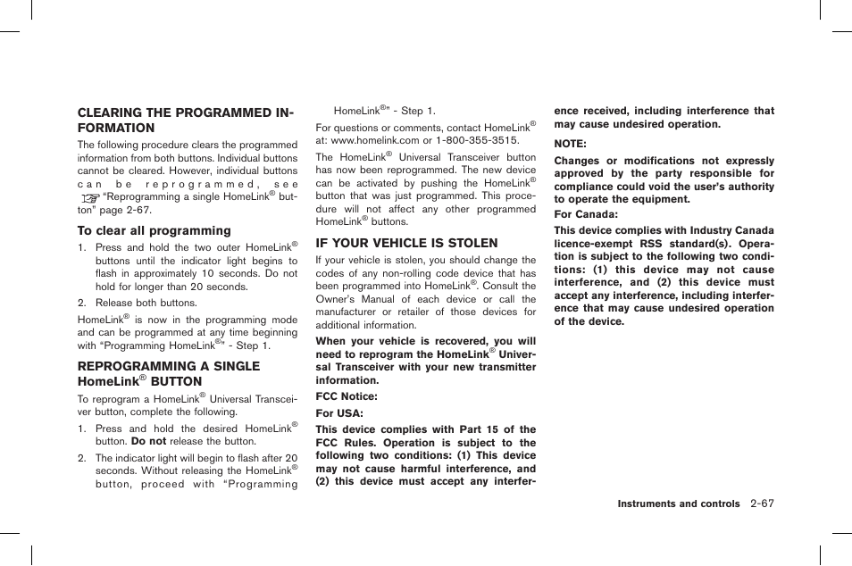 Button -67, If your vehicle is stolen -67, Clearing the programmed in- formation | Reprogramming a single homelink, Button, If your vehicle is stolen | NISSAN 2015 GT R - Owner's Manual User Manual | Page 164 / 358