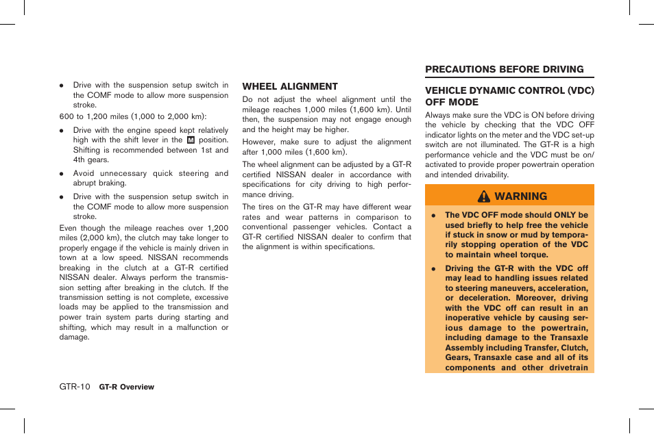 Vehicle dynamic control (vdc) off mode .... gtr-10, Warning | NISSAN 2015 GT R - Owner's Manual User Manual | Page 17 / 358