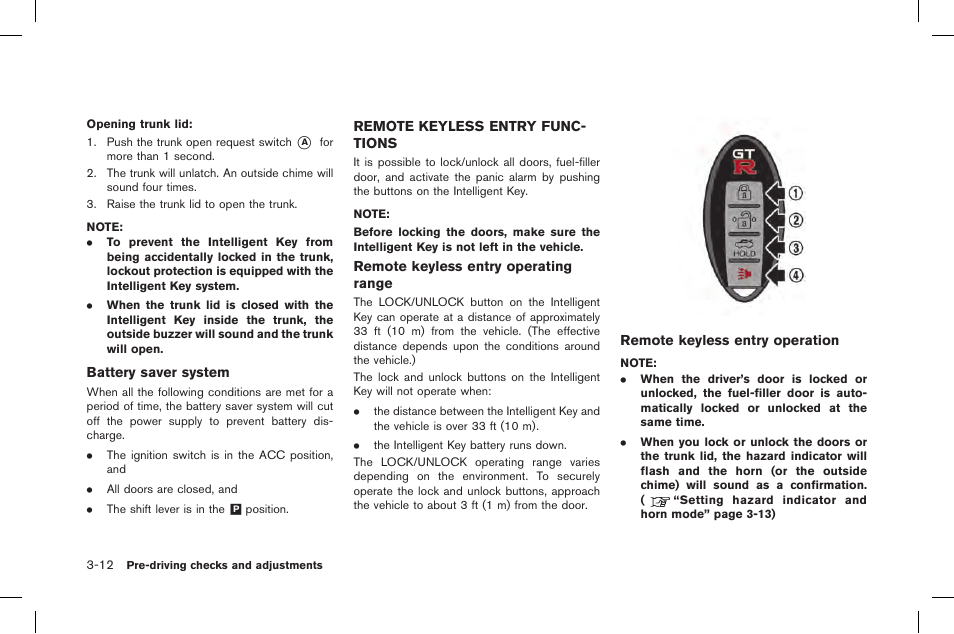 Remote keyless entry functions -12 | NISSAN 2015 GT R - Owner's Manual User Manual | Page 177 / 358