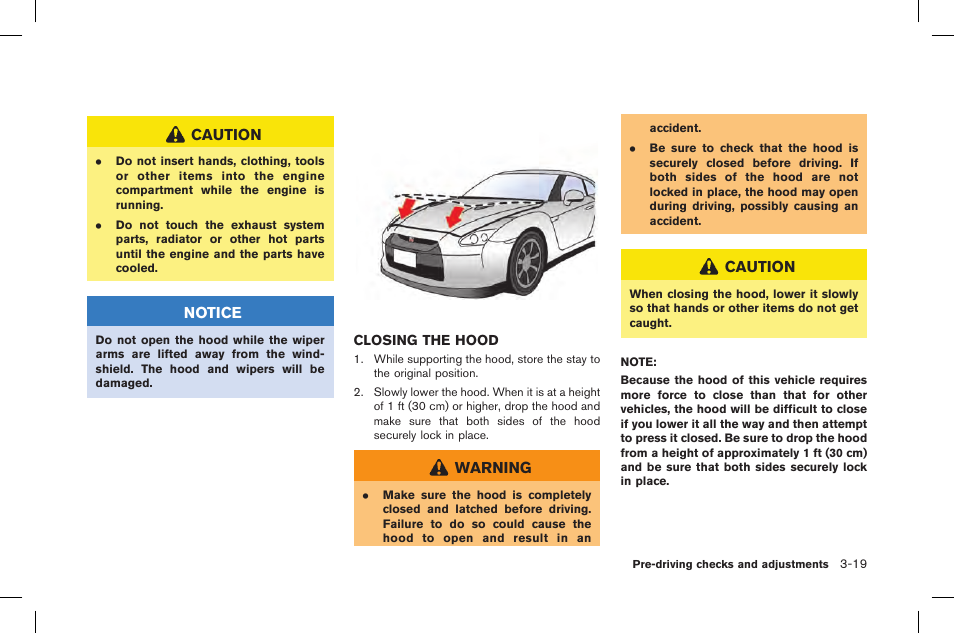 Closing the hood -19 | NISSAN 2015 GT R - Owner's Manual User Manual | Page 184 / 358