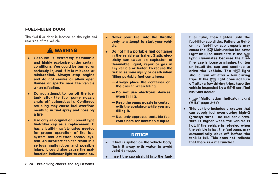 Fuel-filler door -24, Warning, Notice | NISSAN 2015 GT R - Owner's Manual User Manual | Page 189 / 358