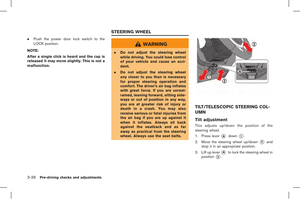 Steering wheel -26, Tilt/telescopic steering column -26 | NISSAN 2015 GT R - Owner's Manual User Manual | Page 191 / 358