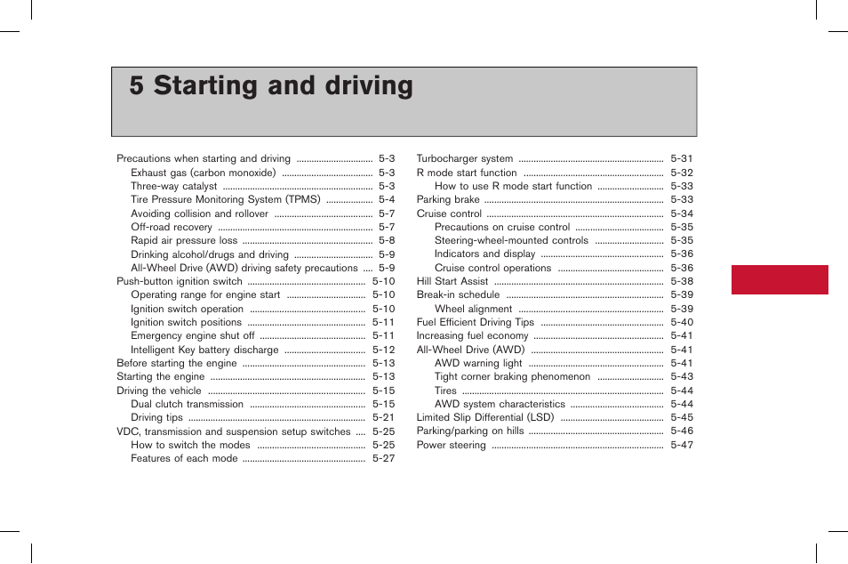 Starting and driving, 5 starting and driving | NISSAN 2015 GT R - Owner's Manual User Manual | Page 198 / 358