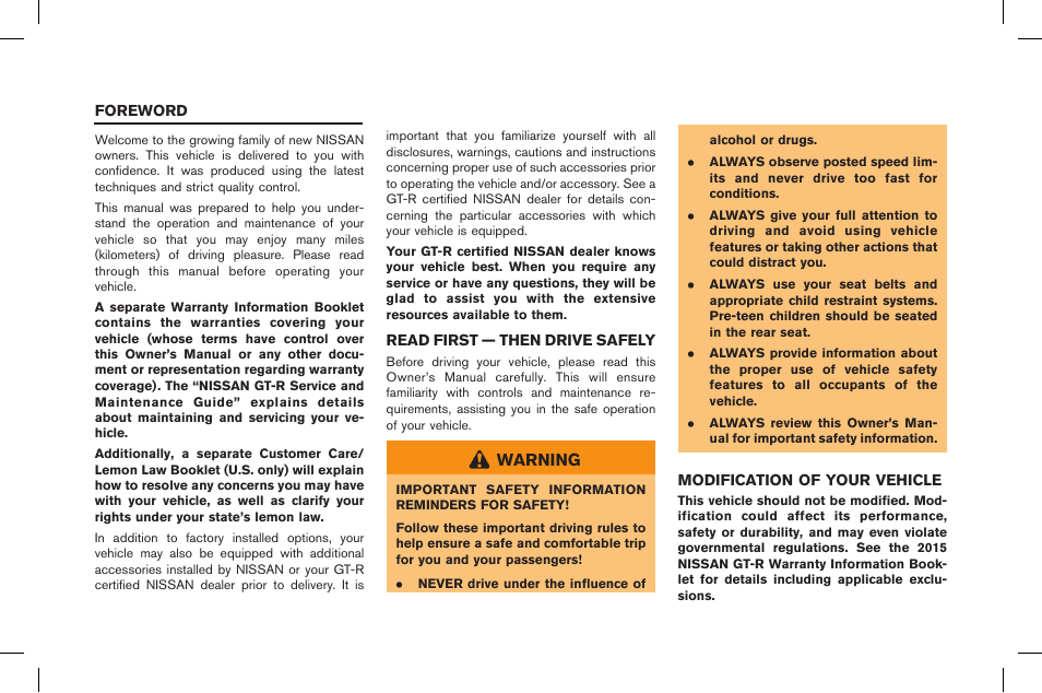 Warning | NISSAN 2015 GT R - Owner's Manual User Manual | Page 2 / 358