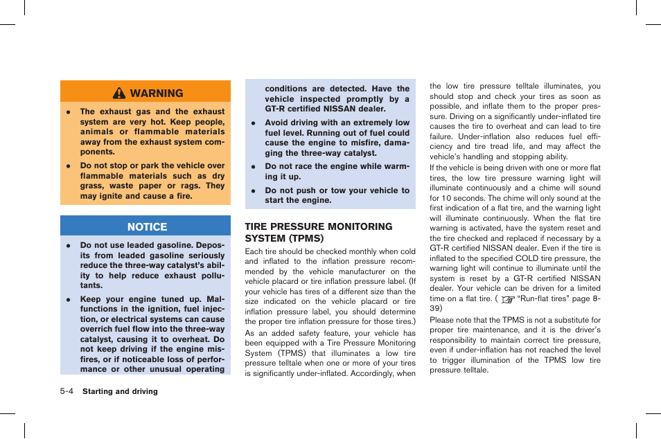 Tire pressure monitoring system (tpms) -4, Warning, Notice | NISSAN 2015 GT R - Owner's Manual User Manual | Page 201 / 358