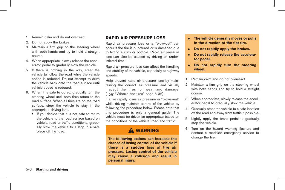 Rapid air pressure loss -8, Warning | NISSAN 2015 GT R - Owner's Manual User Manual | Page 205 / 358