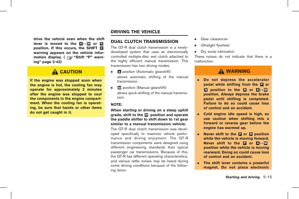 Driving the vehicle -15, Dual clutch transmission -15, Caution | Warning | NISSAN 2015 GT R - Owner's Manual User Manual | Page 212 / 358
