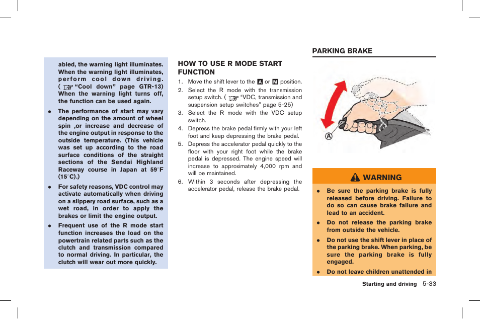 How to use r mode start function -33, Parking brake -33, Warning | NISSAN 2015 GT R - Owner's Manual User Manual | Page 230 / 358