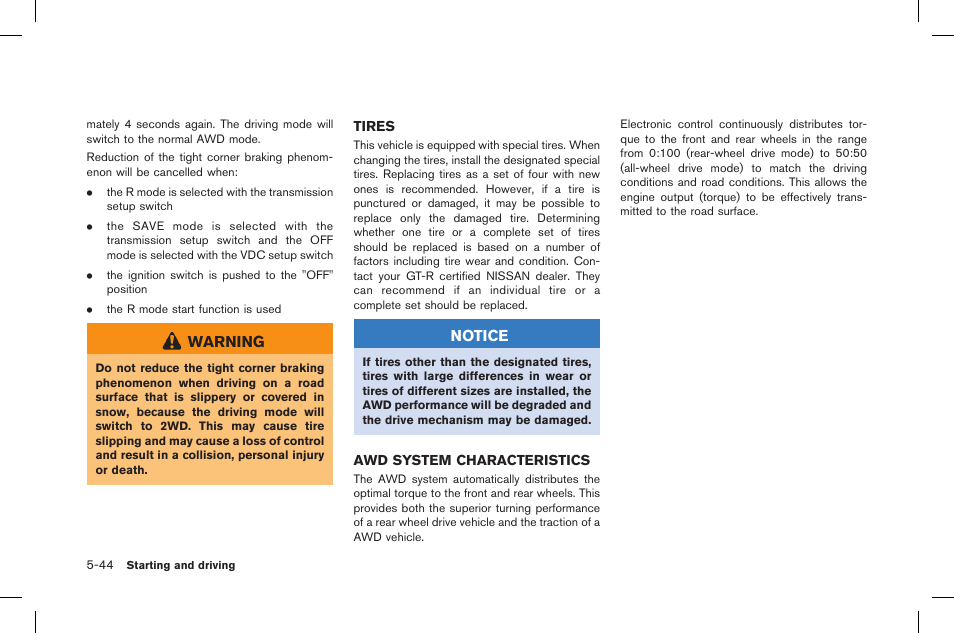 Tires -44 awd system characteristics -44 | NISSAN 2015 GT R - Owner's Manual User Manual | Page 241 / 358