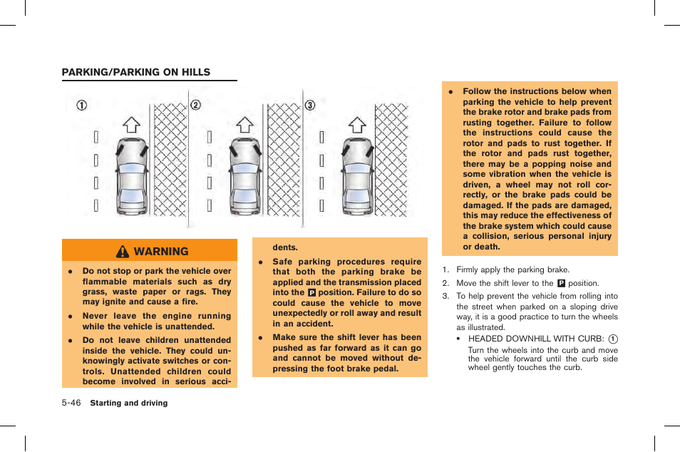 Parking/parking on hills -46, Warning | NISSAN 2015 GT R - Owner's Manual User Manual | Page 243 / 358
