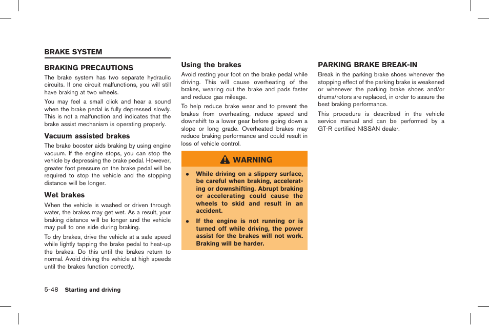 Brake system -48, Braking precautions -48 parking brake break-in -48 | NISSAN 2015 GT R - Owner's Manual User Manual | Page 245 / 358