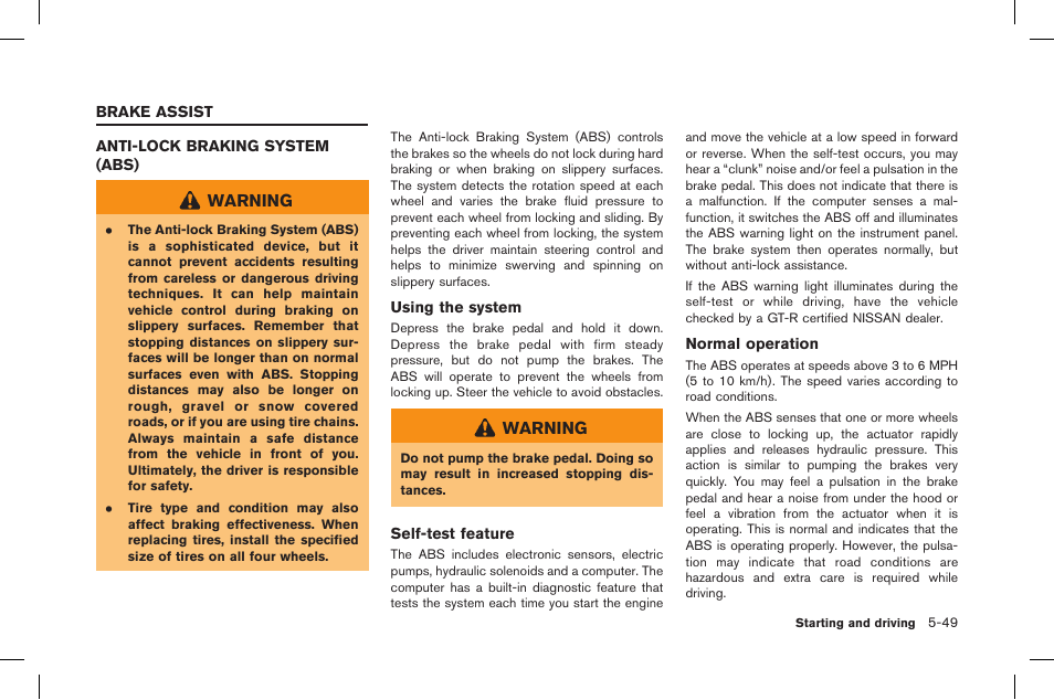 Brake assist -49, Anti-lock braking system (abs) -49 | NISSAN 2015 GT R - Owner's Manual User Manual | Page 246 / 358