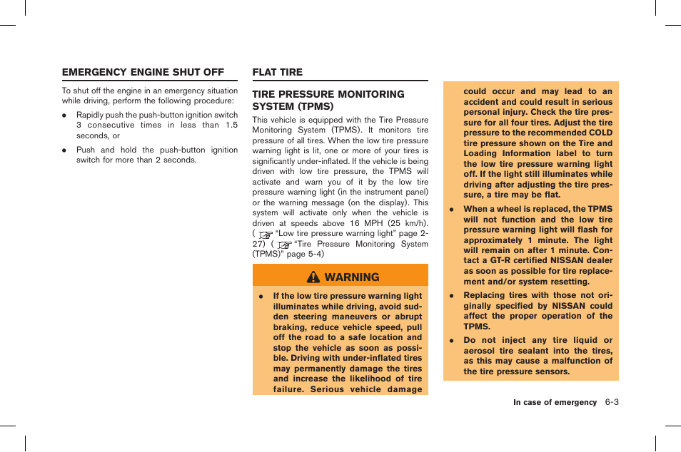 Emergency engine shut off -3 flat tire -3, Tire pressure monitoring system (tpms) -3 | NISSAN 2015 GT R - Owner's Manual User Manual | Page 256 / 358