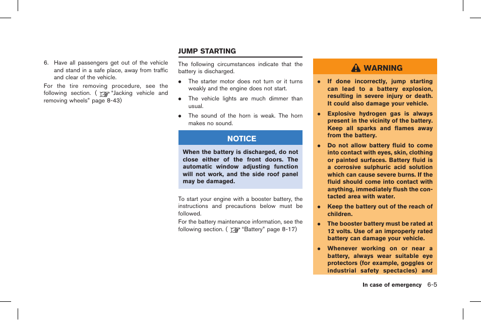 Jump starting -5, Notice, Warning | NISSAN 2015 GT R - Owner's Manual User Manual | Page 258 / 358