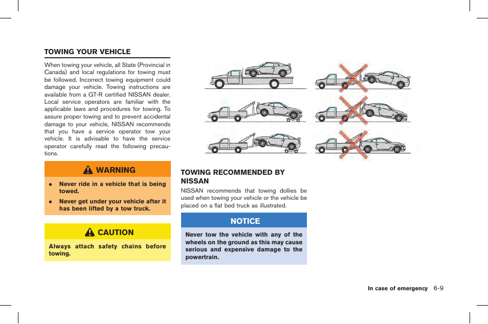 Towing your vehicle -9, Towing recommended by nissan -9 | NISSAN 2015 GT R - Owner's Manual User Manual | Page 262 / 358
