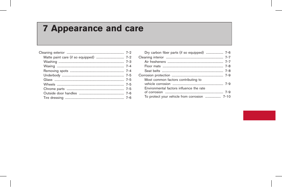 Appearance and care, 7 appearance and care | NISSAN 2015 GT R - Owner's Manual User Manual | Page 266 / 358