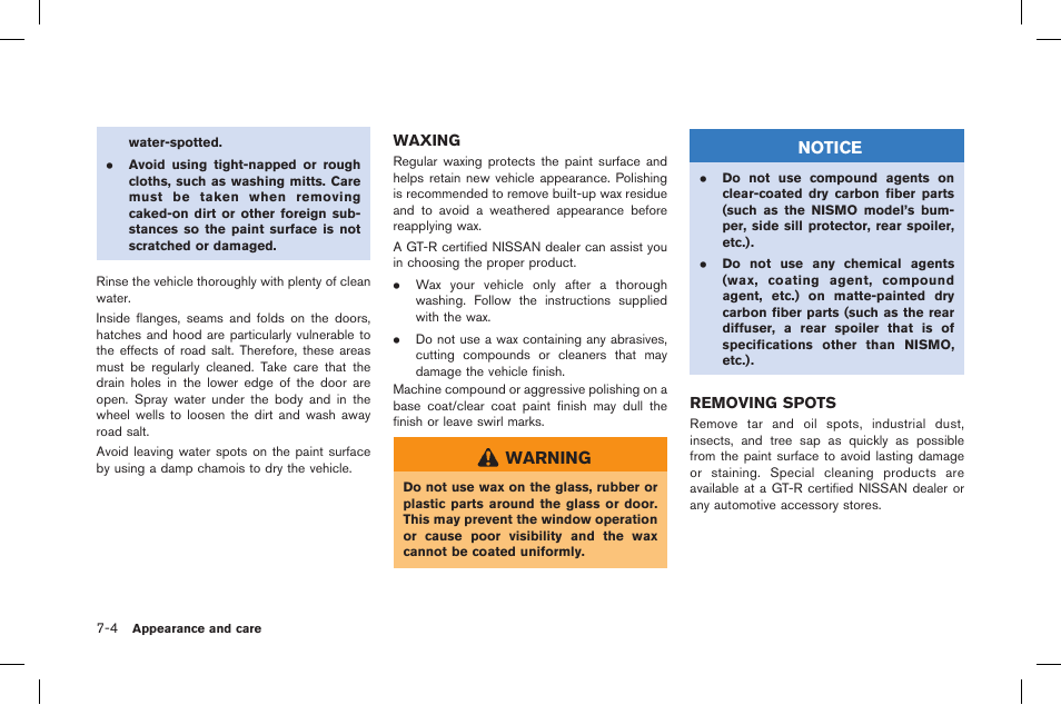 Waxing -4 removing spots -4 | NISSAN 2015 GT R - Owner's Manual User Manual | Page 269 / 358
