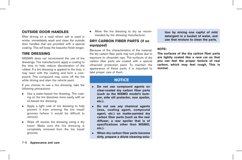 Outside door handles -6 tire dressing -6, Dry carbon fiber parts (if so equipped) -6, Notice | NISSAN 2015 GT R - Owner's Manual User Manual | Page 271 / 358