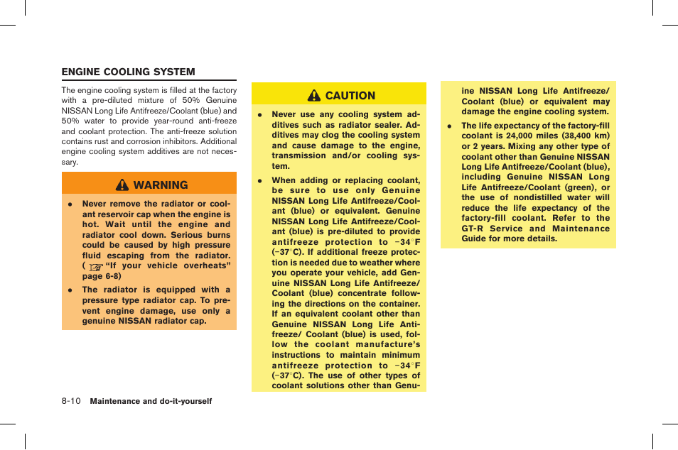 Engine cooling system -10, Warning, Caution | NISSAN 2015 GT R - Owner's Manual User Manual | Page 285 / 358
