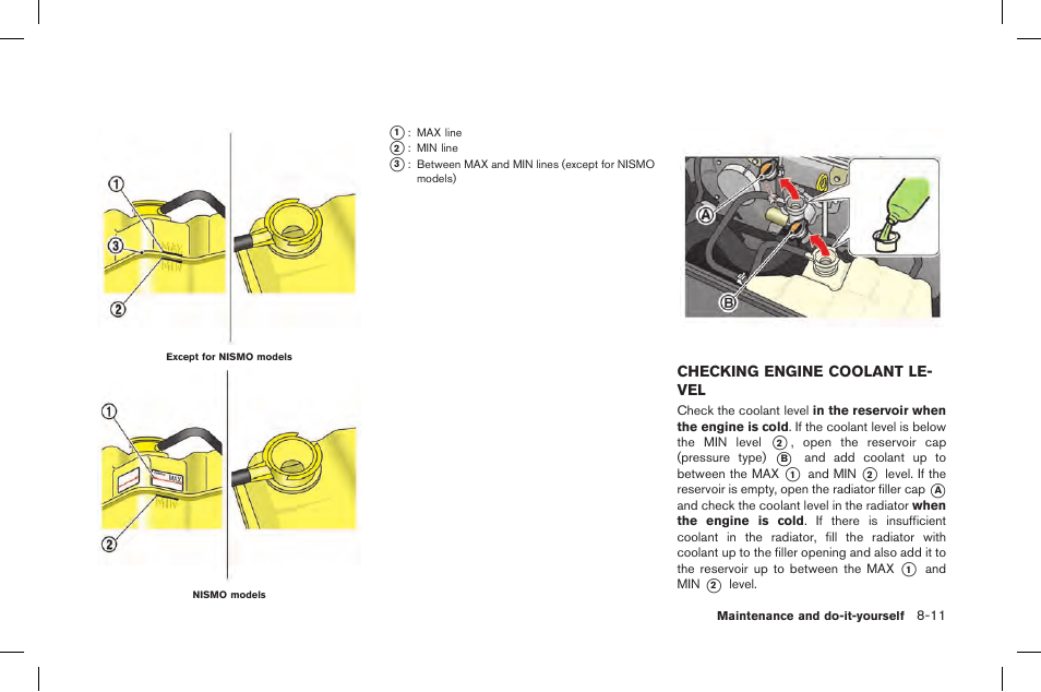 Checking engine coolant level -11 | NISSAN 2015 GT R - Owner's Manual User Manual | Page 286 / 358