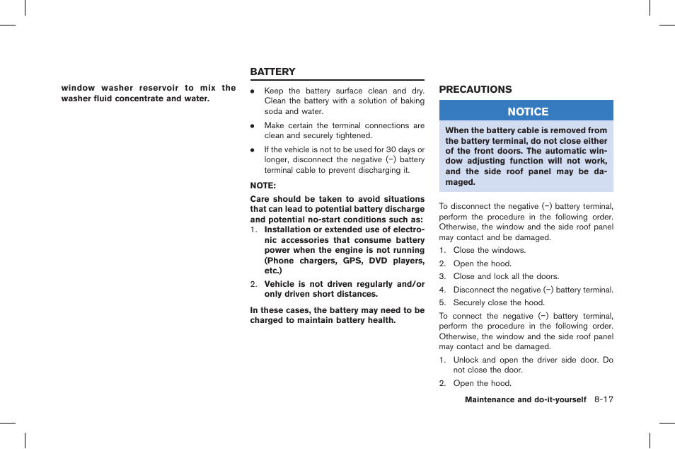 Battery -17, Precautions -17, Notice | NISSAN 2015 GT R - Owner's Manual User Manual | Page 292 / 358