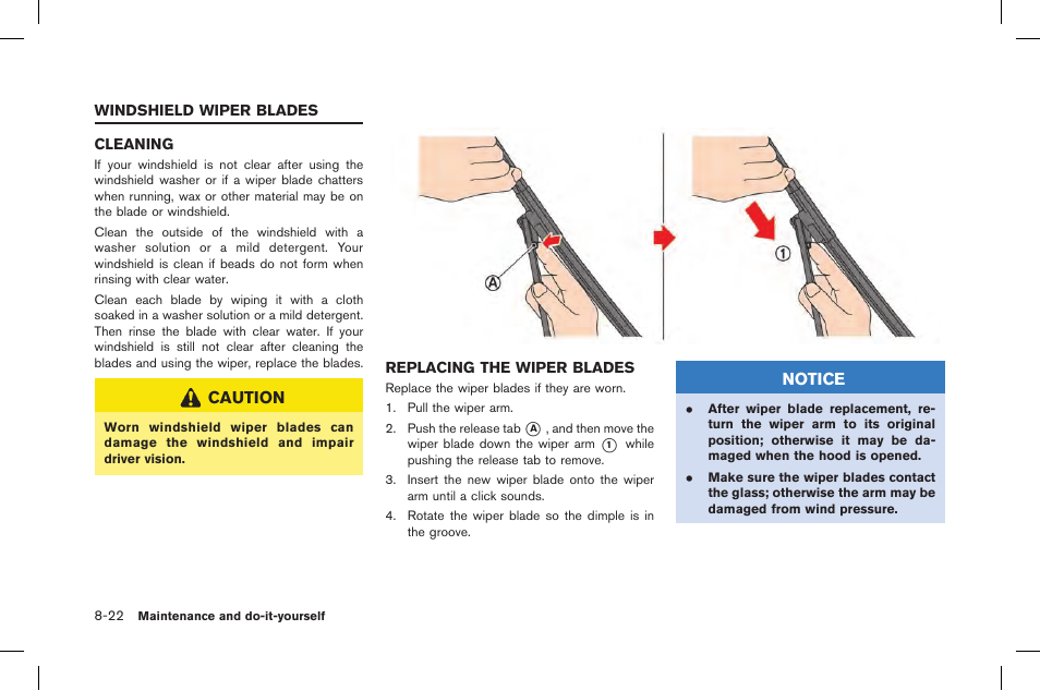 Windshield wiper blades -22, Cleaning -22 replacing the wiper blades -22 | NISSAN 2015 GT R - Owner's Manual User Manual | Page 297 / 358