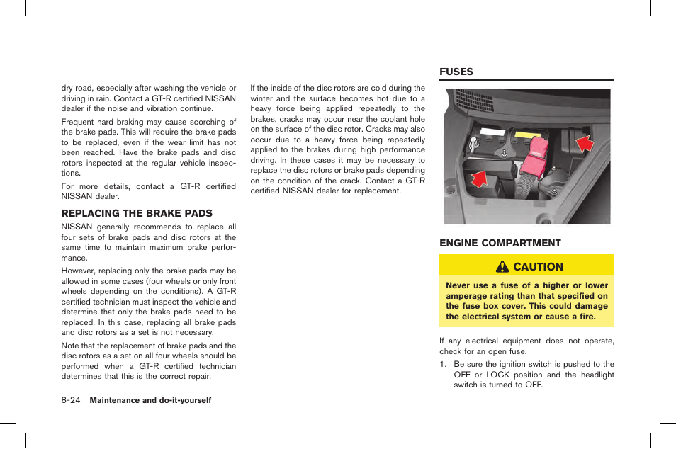 Replacing the brake pads -24, Fuses -24, Engine compartment -24 | NISSAN 2015 GT R - Owner's Manual User Manual | Page 299 / 358