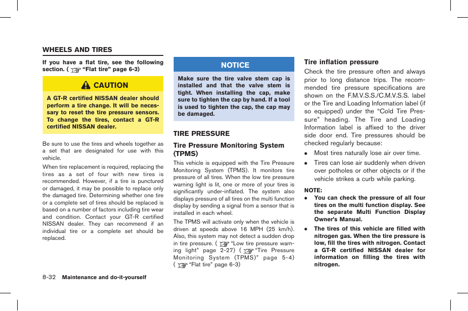 Wheels and tires -32, Tire pressure -32 | NISSAN 2015 GT R - Owner's Manual User Manual | Page 307 / 358
