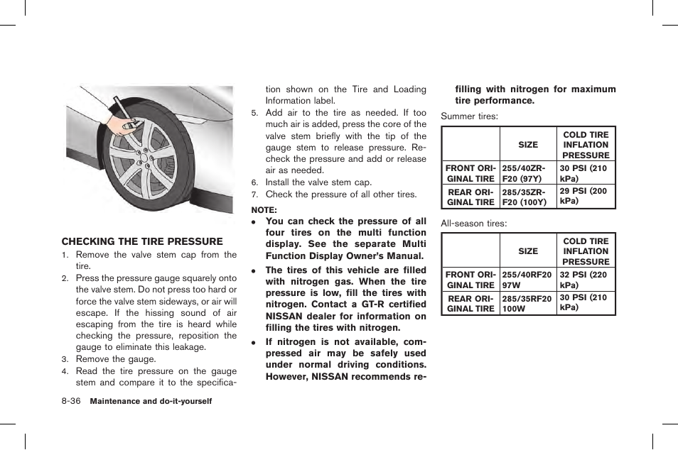 Checking the tire pressure -36 | NISSAN 2015 GT R - Owner's Manual User Manual | Page 311 / 358