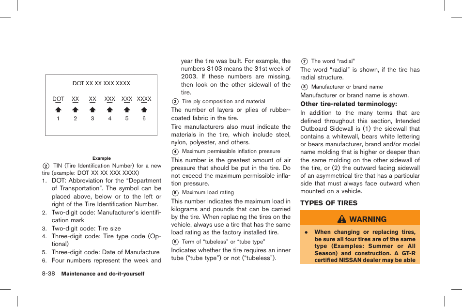 Types of tires -38 | NISSAN 2015 GT R - Owner's Manual User Manual | Page 313 / 358