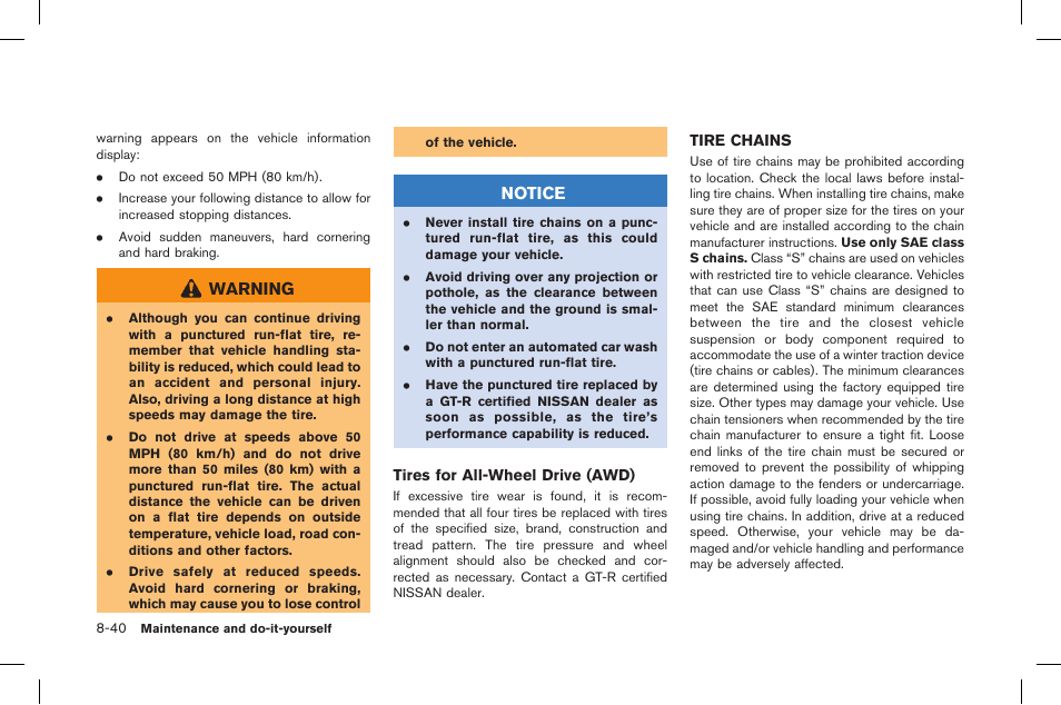 Tire chains -40, Warning, Notice | NISSAN 2015 GT R - Owner's Manual User Manual | Page 315 / 358