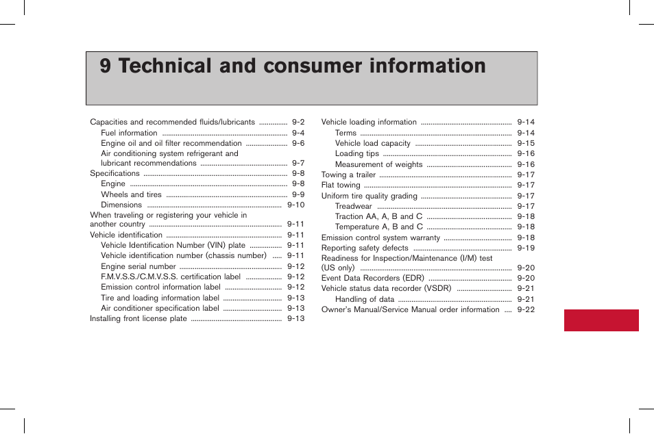 Technical and consumer information, 9 technical and consumer information | NISSAN 2015 GT R - Owner's Manual User Manual | Page 326 / 358
