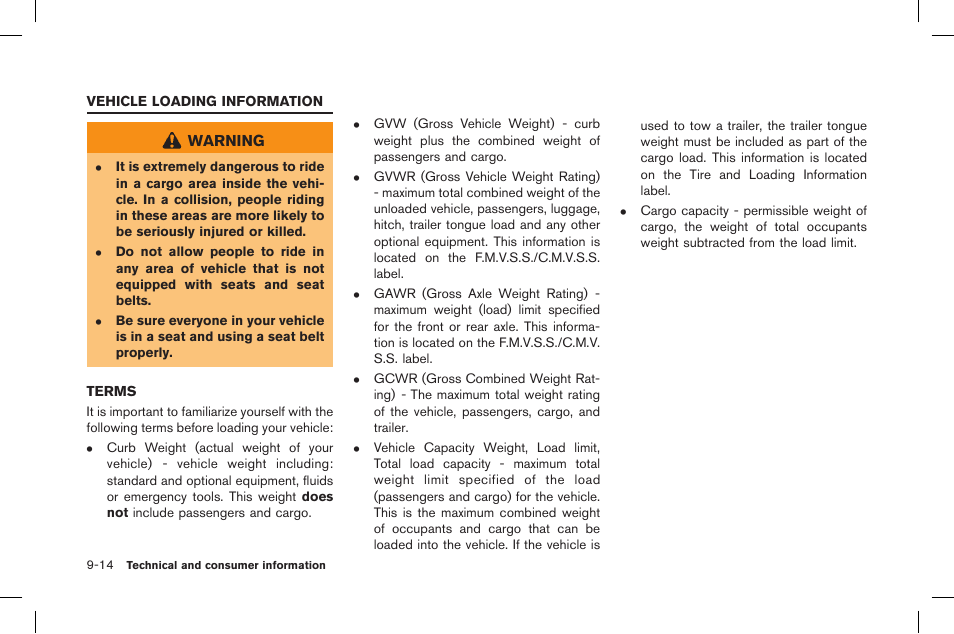 Vehicle loading information -14, Terms -14 | NISSAN 2015 GT R - Owner's Manual User Manual | Page 339 / 358