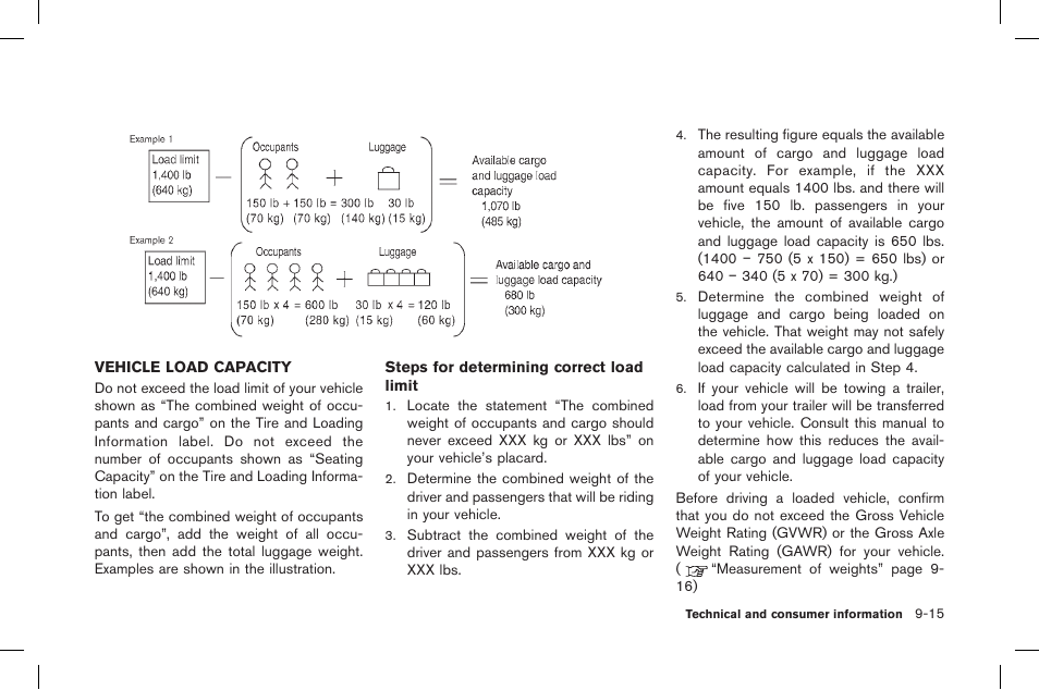 Vehicle load capacity -15 | NISSAN 2015 GT R - Owner's Manual User Manual | Page 340 / 358