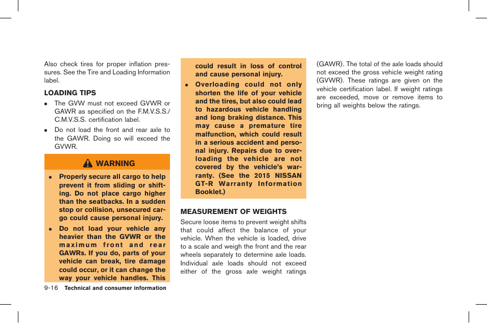 Loading tips -16 measurement of weights -16 | NISSAN 2015 GT R - Owner's Manual User Manual | Page 341 / 358