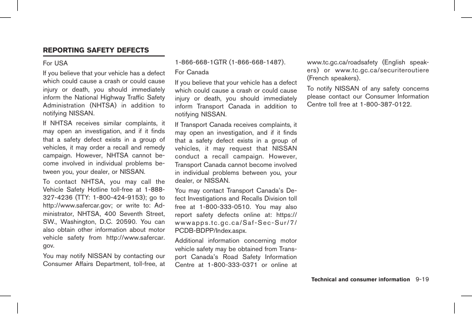 Reporting safety defects -19 | NISSAN 2015 GT R - Owner's Manual User Manual | Page 344 / 358