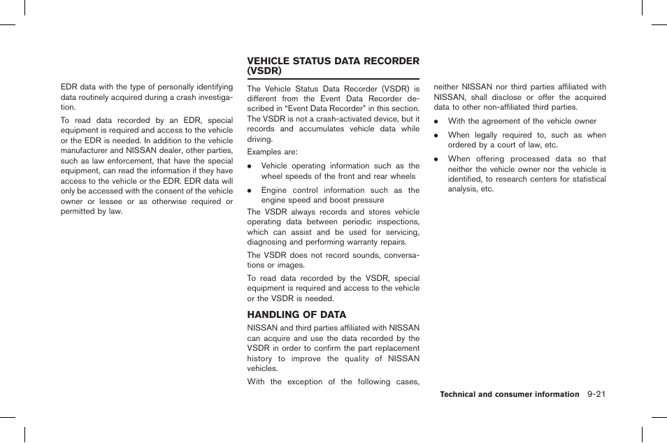 Vehicle status data recorder (vsdr) -21, Handling of data -21 | NISSAN 2015 GT R - Owner's Manual User Manual | Page 346 / 358