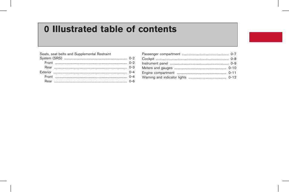 Illustrated table of contents, 0 illustrated table of contents | NISSAN 2015 GT R - Owner's Manual User Manual | Page 38 / 358