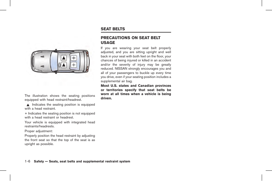 Seat belts -6, Precautions on seat belt usage -6 | NISSAN 2015 GT R - Owner's Manual User Manual | Page 55 / 358