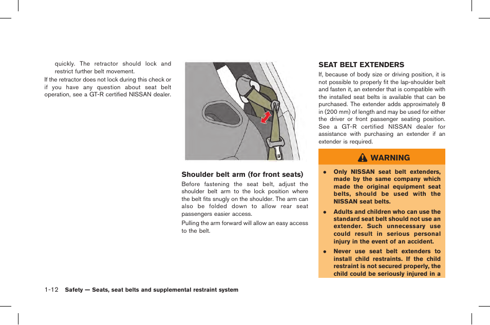 Seat belt extenders -12 | NISSAN 2015 GT R - Owner's Manual User Manual | Page 61 / 358